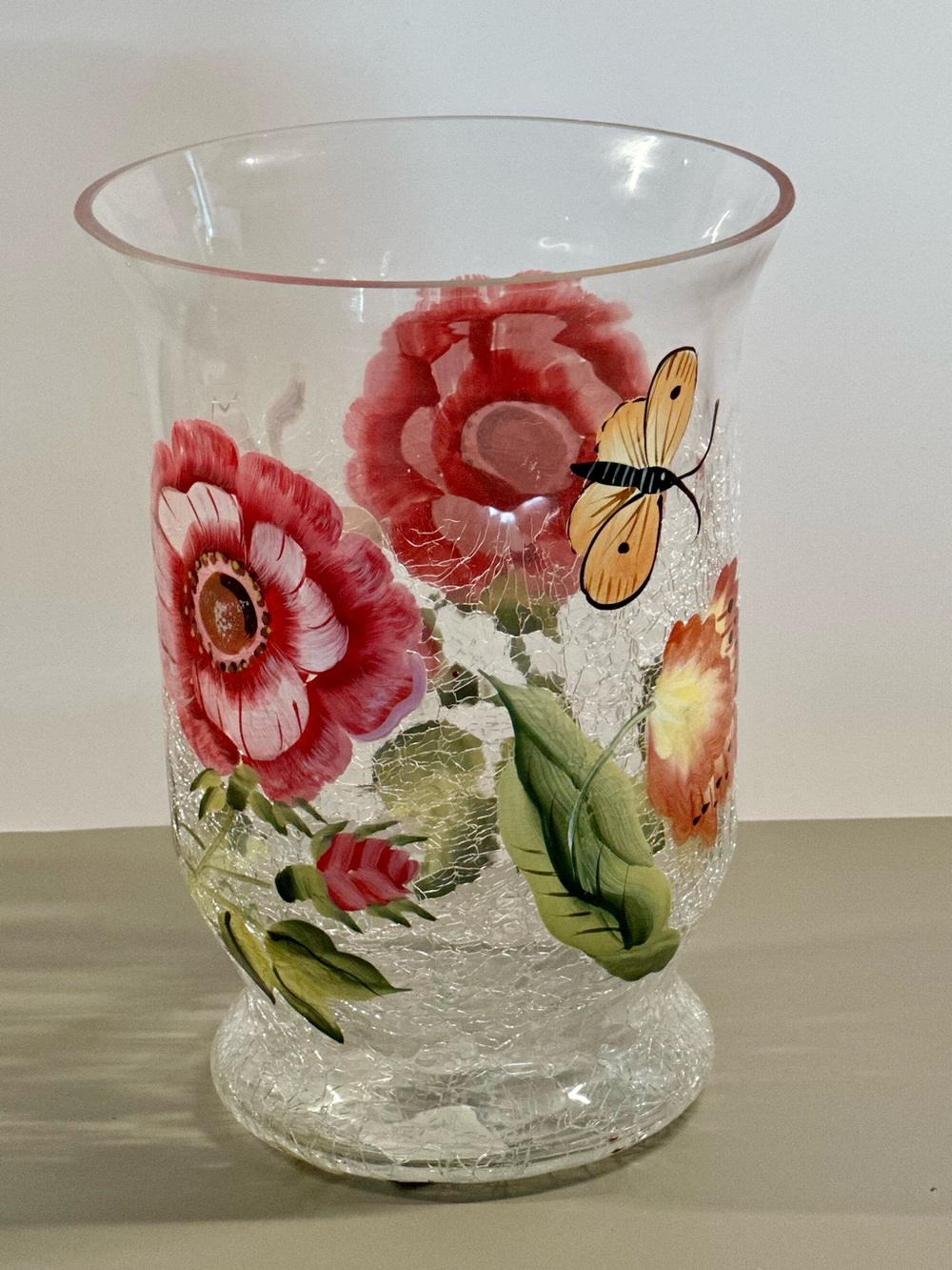 Fifth Avenue Crystal Peony Crackle Glass Hurricane Candle Holder w/ Box